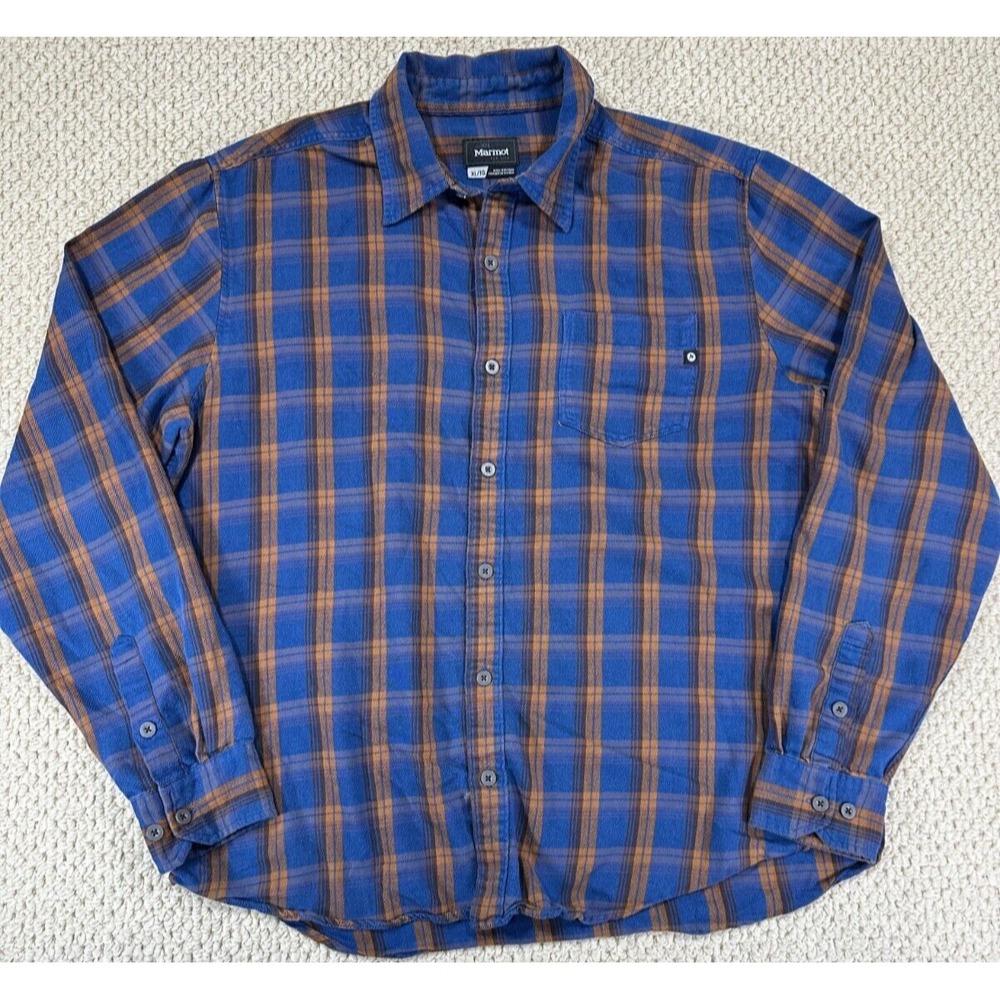 Marmot Flannel Shirt Mens XL Blue Plaid Lightweight Long Sleeve Button Up Hiking
